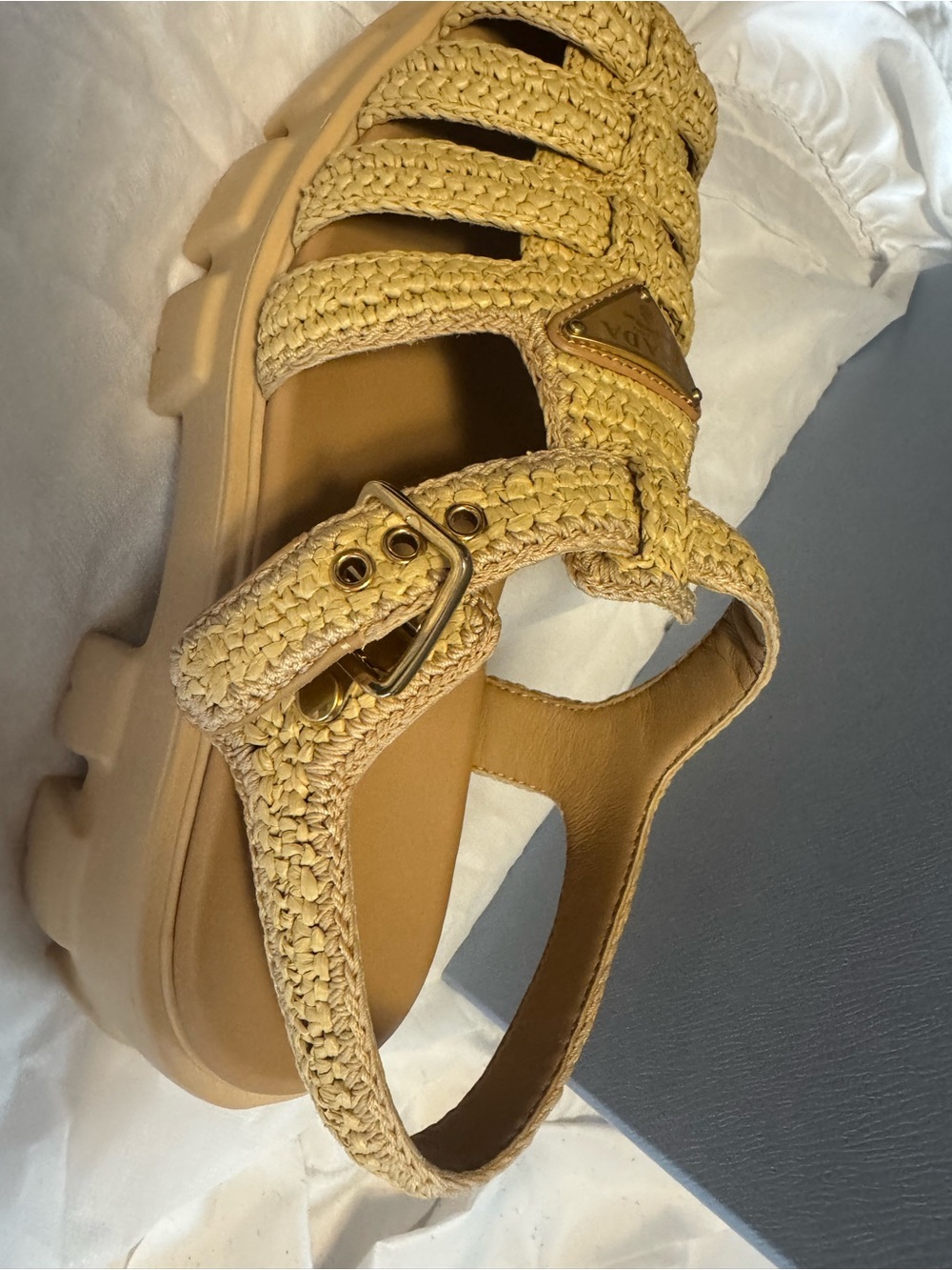 Prada Beige Woven Raffia Slingback Sandals - Picture 7 of 11
